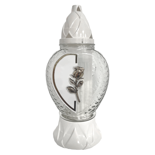 Znicz dekoracyjny szklany serce biały złoty / czarny-złoty róża wkład całoroczny wymienny – zdjęcie 1