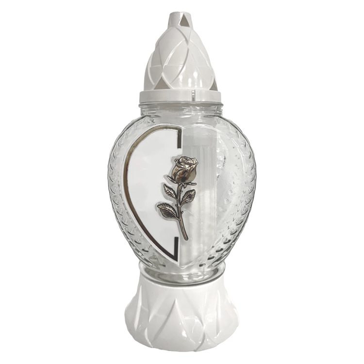 Znicz dekoracyjny szklany serce biały złoty / czarny-złoty róża wkład całoroczny wymienny – zdjęcie 1