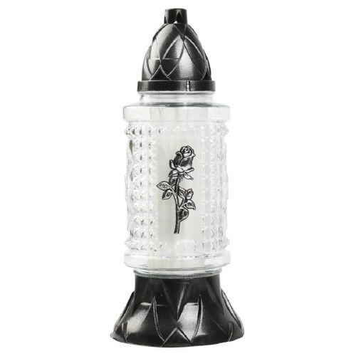 Znicz szklany Z-217 z wkładem parafinowym przezroczysty z tłoczeniem róża – zdjęcie 1