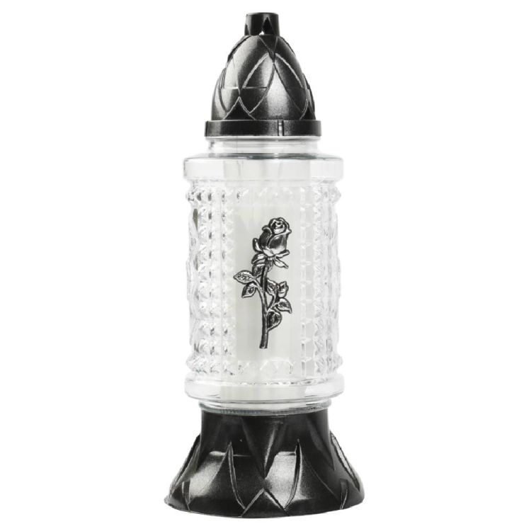 Znicz szklany Z-217 z wkładem parafinowym przezroczysty z tłoczeniem róża – zdjęcie 1