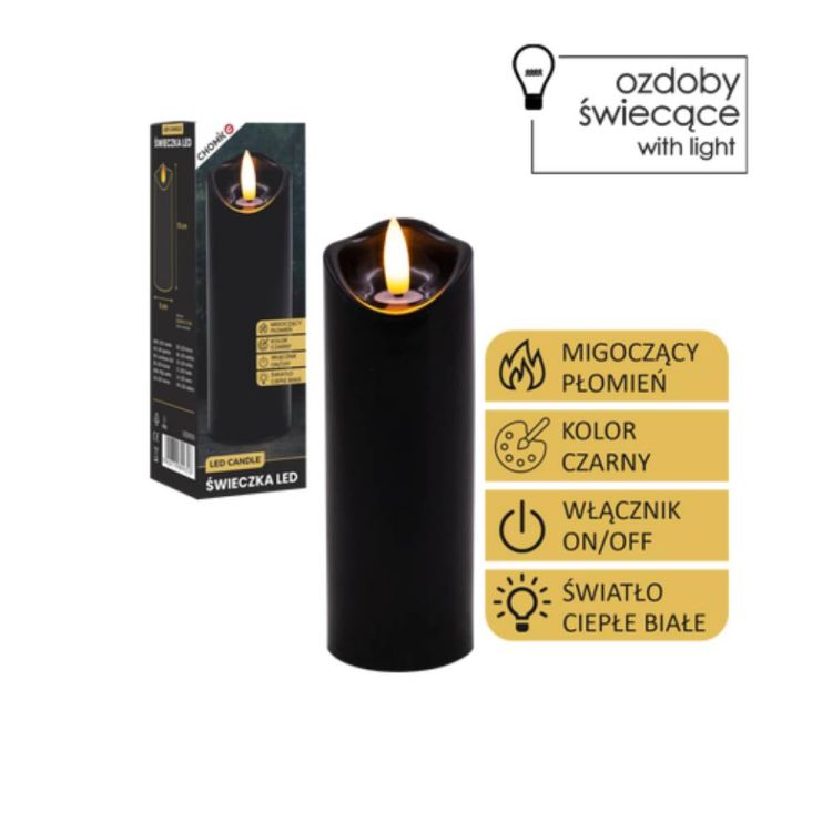 Świeca LED 5x15 cm plastikowa czarna z migoczącym płomieniem do wnętrz i zniczy – zdjęcie 2