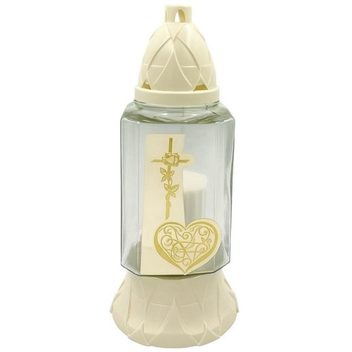 Znicz szklany Z-529 z motywem krzyża i serca wkład parafinowy 26 cm biało-złoty dekoracyjny – zdjęcie 1