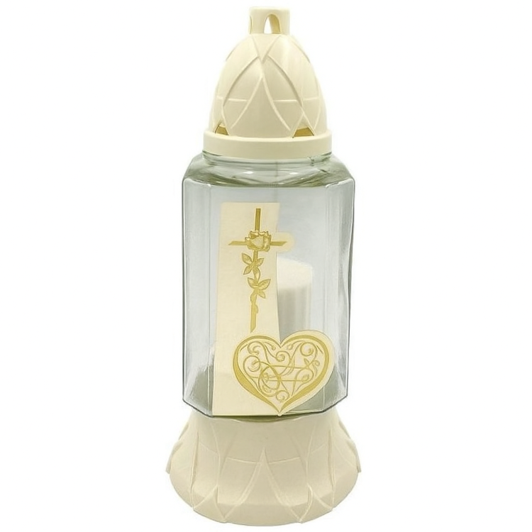 Znicz szklany Z-529 z motywem krzyża i serca wkład parafinowy 26 cm biało-złoty dekoracyjny – zdjęcie 1