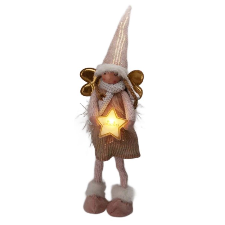 Anioł stojący LED 67 cm pluszowy kremowy z gwiazdką na baterie – zdjęcie 1