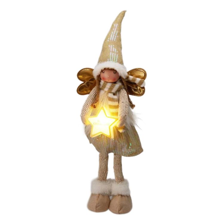 Anioł stojący LED 67 cm pluszowy kremowy z gwiazdką na baterie – zdjęcie 2