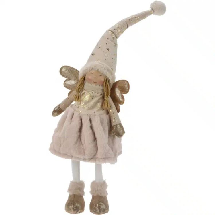 Aniołek stojący LED 69cm kremowo-złoty z tkaniny i żywicy poliestrowej do dekoracji – zdjęcie 1