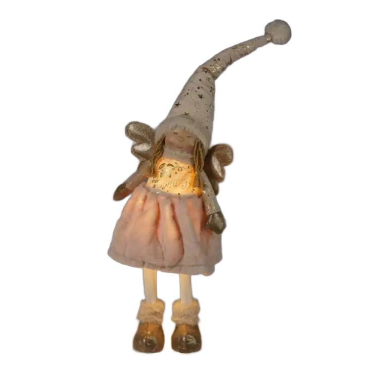 Aniołek stojący LED 69cm kremowo-złoty z tkaniny i żywicy poliestrowej do dekoracji – zdjęcie 3