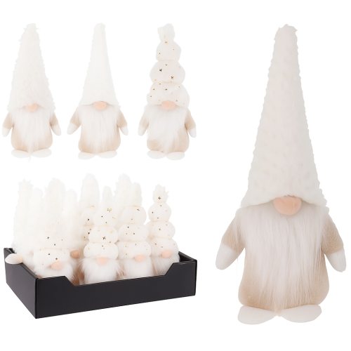 Krasnal bożonarodzeniowy w kapeluszu 22 cm biały kremowy różne wzory poliester i styropian dekoracja świąteczna – zdjęcie 1