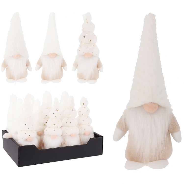 Krasnal bożonarodzeniowy w kapeluszu 22 cm biały kremowy różne wzory poliester i styropian dekoracja świąteczna – zdjęcie 1