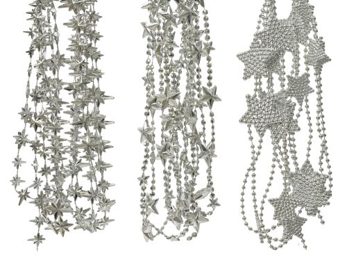 Girlanda koralikowa srebrna 270 cm dekoracyjna błyszcząca z polistyrenu świąteczna – zdjęcie 1
