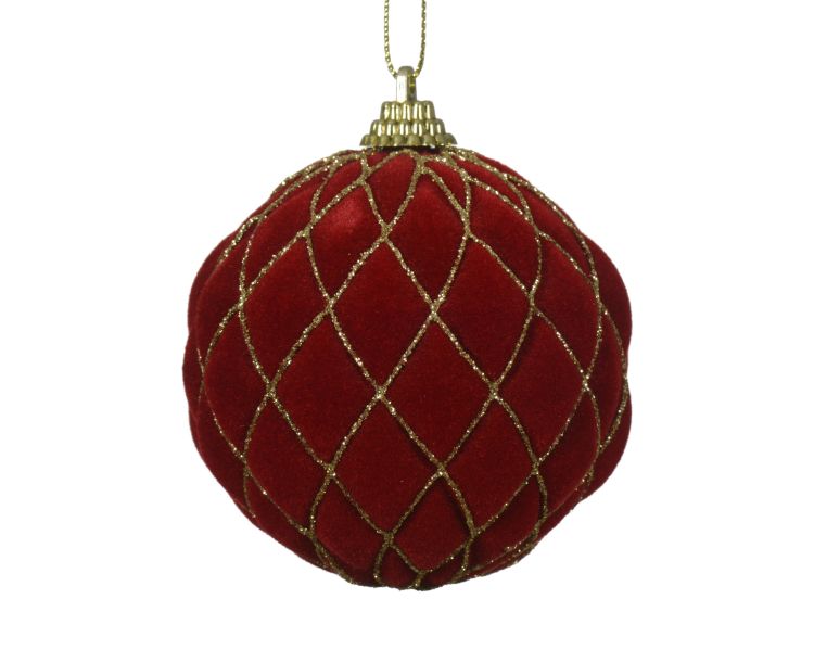 Bombka plastikowa czerwona ze złotym brokatem 8 cm dekoracyjna świąteczna z kratką – zdjęcie 1