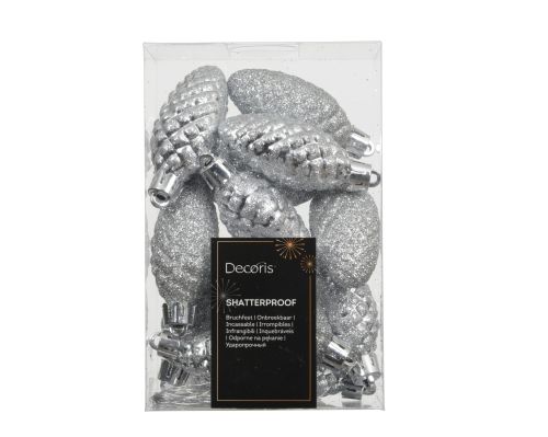 Dekoracja świąteczna szyszka polistyrenowa srebrna 14 cm błyszcząca brokatowa z nitką zawieszającą – zdjęcie 1