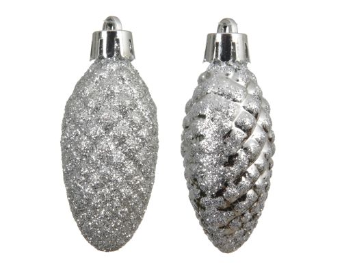 Dekoracja świąteczna szyszka polistyrenowa srebrna 14 cm błyszcząca brokatowa z nitką zawieszającą – zdjęcie 2