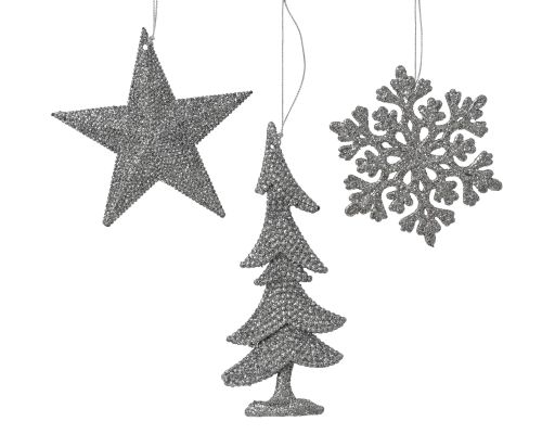 Dekoracja świąteczna brokatowa z tworzywa PP miękki szary 10,5 cm z wieszakiem srebrnym 3 wzory – zdjęcie 1