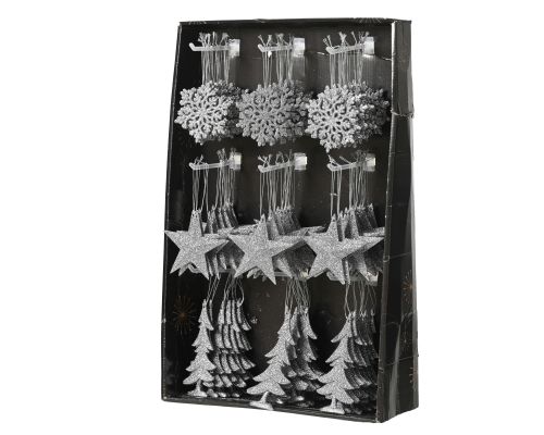 Dekoracja świąteczna brokatowa z tworzywa PP miękki szary 10,5 cm z wieszakiem srebrnym 3 wzory – zdjęcie 2