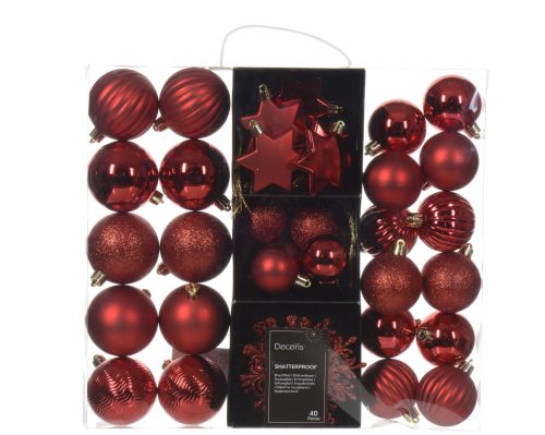 Zestaw ozdób błyszczące matowe brokatowe formowane czerwone 40 szt – zdjęcie 2