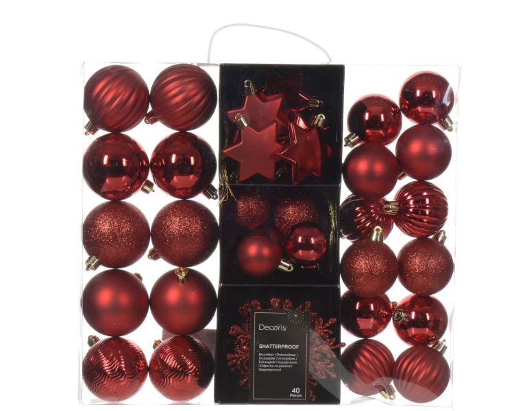 Zestaw ozdób błyszczące matowe brokatowe formowane czerwone 40 szt – zdjęcie 2