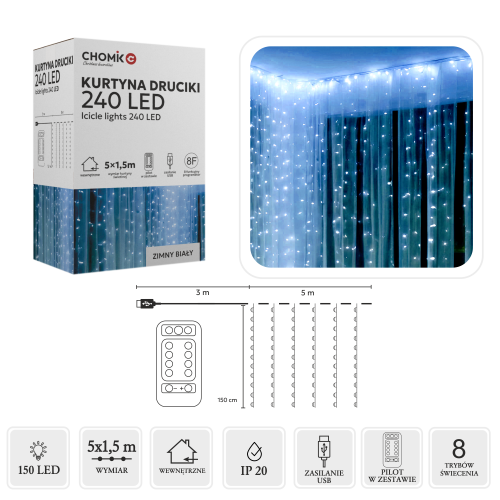 Kurtyna świetlna LED 240 diod 5x1,5m zimny biały do dekoracji wnętrz i ogrodu z pilotem – zdjęcie 1