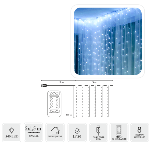 Kurtyna świetlna LED 240 diod 5x1,5m zimny biały do dekoracji wnętrz i ogrodu z pilotem – zdjęcie 2
