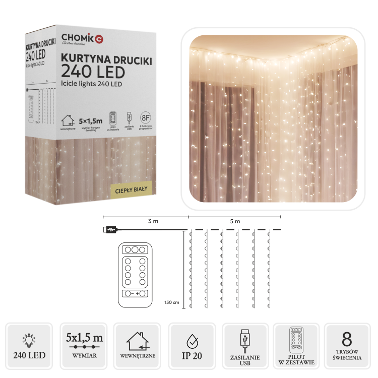 Kurtyna świetlna LED 240 diod 5x1,5m USB z pilotem do dekoracji wnętrz i ogrodu – zdjęcie 1