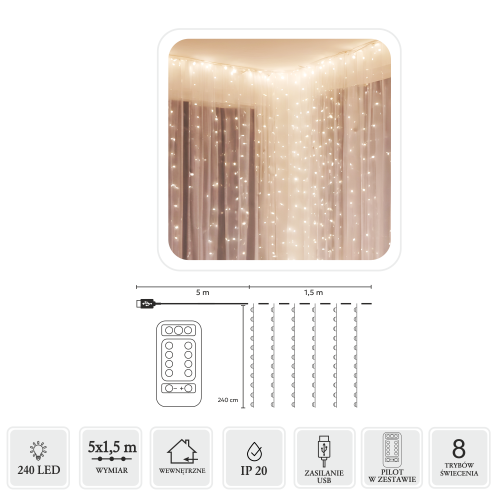 Kurtyna świetlna LED 240 diod 5x1,5m USB z pilotem do dekoracji wnętrz i ogrodu – zdjęcie 2