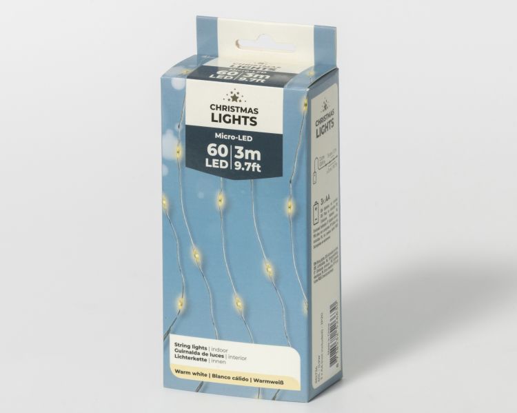 Girlanda świetlna mikro LED 295 cm 60 diod srebrny przewód ciepła biel na baterie do wnętrz – zdjęcie 4