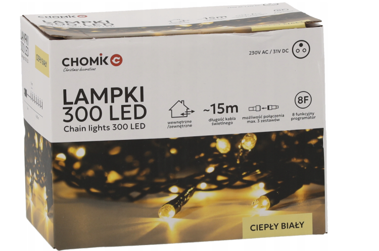 Girlanda świetlna LED 15 m 300 diod ciepła biel zielony przewód IP44 8-funkcyjna do wnętrz i ogrodu – zdjęcie 1