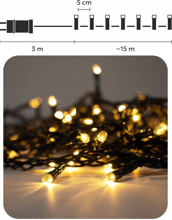 Girlanda świetlna LED 15 m 300 diod ciepła biel zielony przewód IP44 8-funkcyjna do wnętrz i ogrodu – zdjęcie 2