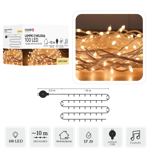 Girlanda świetlna LED 10 m 100 diod ciepła biel przezroczysty przewód USB z melodią do wnętrz – zdjęcie 1