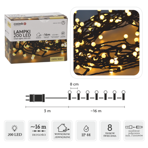 Girlanda świetlna LED kulki 16 m 200 diod ciepła biel zielony przewód IP44 8-funkcyjna z timerem do ogrodu – zdjęcie 1