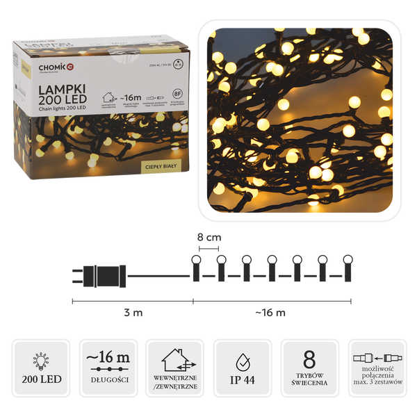 Girlanda świetlna LED kulki 16 m 200 diod ciepła biel zielony przewód IP44 8-funkcyjna z timerem do ogrodu – zdjęcie 1