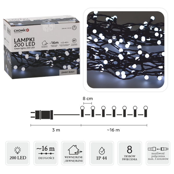 Girlanda świetlna LED kulki 16 m 200 diod zimna biel zielony przewód IP44 8-funkcyjna z timerem do ogrodu – zdjęcie 1