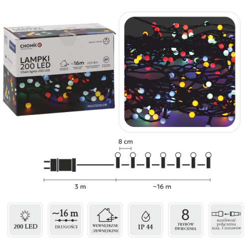 Girlanda świetlna LED kulki 16 m 200 diod multikolor zielony przewód IP44 8-funkcyjna z timerem do ogrodu – zdjęcie 1