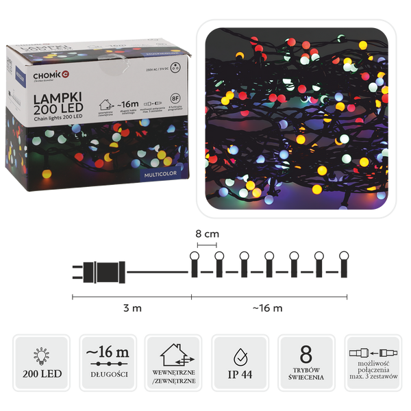 Girlanda świetlna LED kulki 16 m 200 diod multikolor zielony przewód IP44 8-funkcyjna z timerem do ogrodu – zdjęcie 1