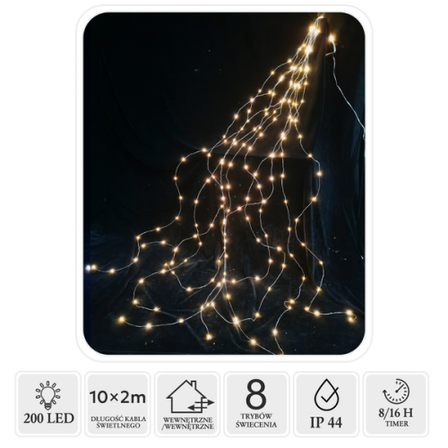 Girlanda świetlna LED druciki 10×2 m 200 diod ciepła biel srebrny przewód IP44 8-funkcyjna z timerem – zdjęcie 1