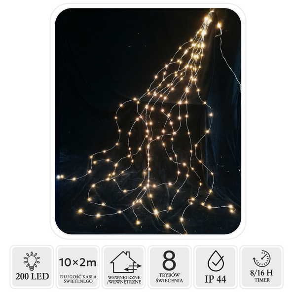 Girlanda świetlna LED druciki 10×2 m 200 diod ciepła biel srebrny przewód IP44 8-funkcyjna z timerem – zdjęcie 1