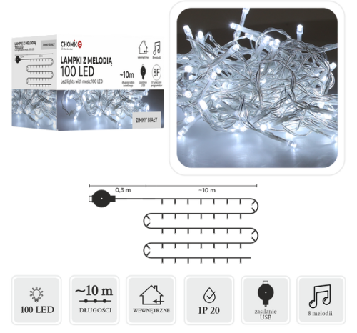 Girlanda świetlna LED 10 m 100 diod zimna biel przezroczysty przewód USB z melodią IP44 do wnętrz i ogrodu – zdjęcie 1
