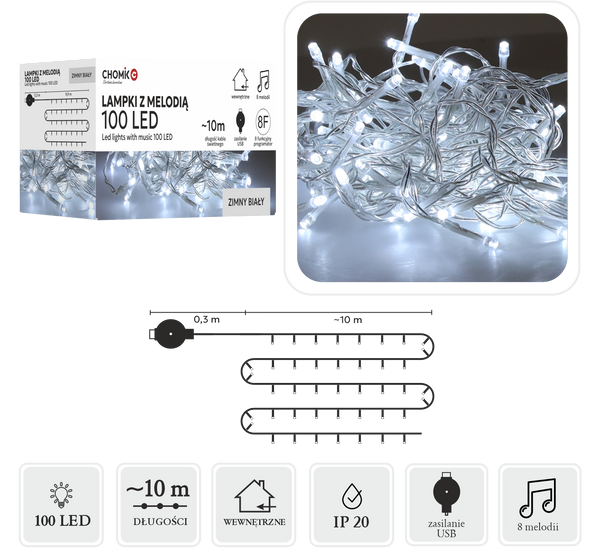 Girlanda świetlna LED 10 m 100 diod zimna biel przezroczysty przewód USB z melodią IP44 do wnętrz i ogrodu – zdjęcie 1