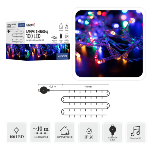 Girlanda świetlna LED 10 m 100 diod zimna biel przezroczysty przewód USB z melodią IP44 do wnętrz i ogrodu – zdjęcie 1