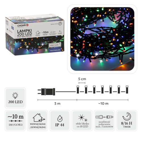 Girlanda świetlna LED 10 m 200 diod multikolor z zimnym flashem zielony przewód IP44 z timerem do ogrodu – zdjęcie 1