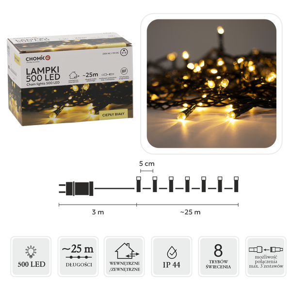 Girlanda świetlna LED 25 m 500 diod ciepła biel zielony przewód IP44 8-funkcyjna z timerem do ogrodu – zdjęcie 1