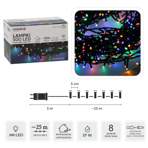 Girlanda świetlna LED 25 m 500 diod multikolor zielony przewód IP44 8-funkcyjna z timerem do ogrodu – zdjęcie 1