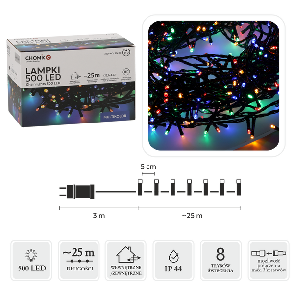 Girlanda świetlna LED 25 m 500 diod multikolor zielony przewód IP44 8-funkcyjna z timerem do ogrodu – zdjęcie 1