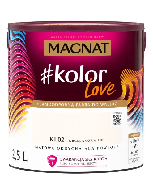 Farba lateksowa Magnat #kolorLove porcelanowa biel 2,5L matowa plamoodporna do wnętrz