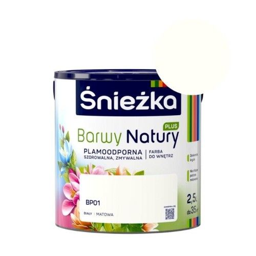 Farba lateksowa Śnieżka Barwy Natury Plus BP01 Biały 2,5L matowa plamoodporna – zdjęcie 1