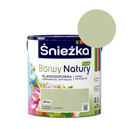 Farba lateksowa Śnieżka Barwy Natury Plus BP04 Klasyczny Oliwkowy 2,5L matowa plamoodporna – zdjęcie 1