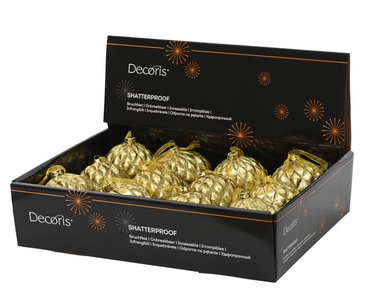 Bombka świąteczna 8cm nietłukąca jasnozłota brokatowa ze złotą wstążką z organzy do zawieszenia – zdjęcie 2