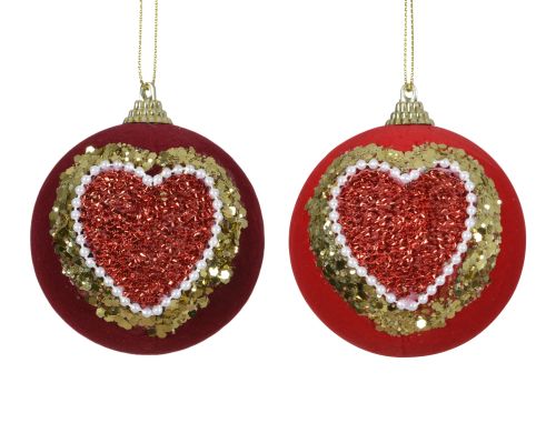 Bombka choinkowa serce 8cm aksamitna z cekinami piankowa mieszana ze złotym drutem zawieszenia – zdjęcie 1