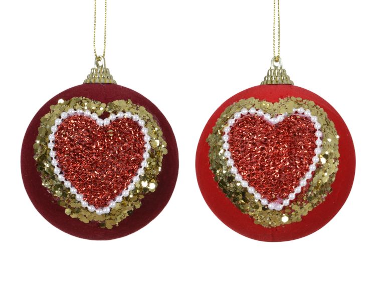 Bombka choinkowa serce 8cm aksamitna z cekinami piankowa mieszana ze złotym drutem zawieszenia – zdjęcie 1