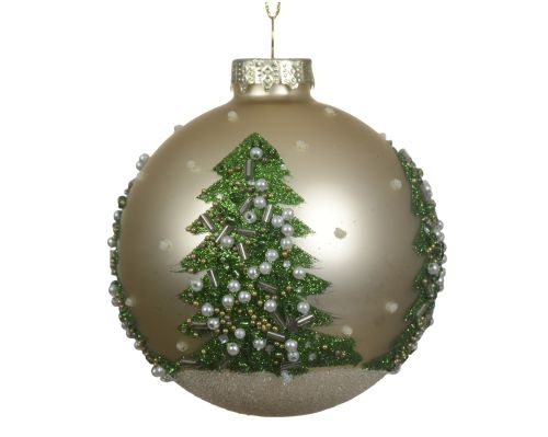 Bombka choinkowa szklana 8cm perłowa z dekoracją choinki koralikami i srebrnym wnętrzem ze złotym drutem – zdjęcie 1